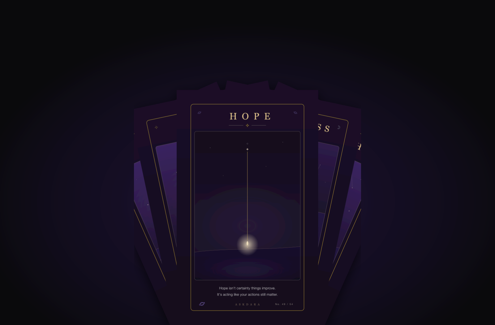 The AskDara Oracle deck fanned out, showing the gold-lined Hope card