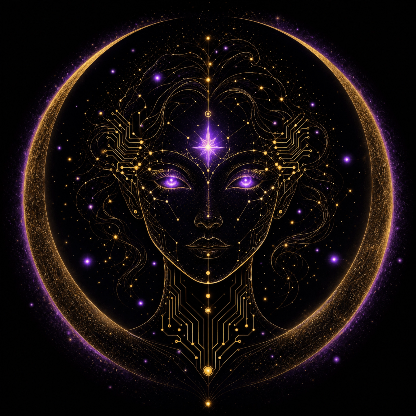 Dara, an AI astrology oracle, drawn in gold constellation lines and circuit traces